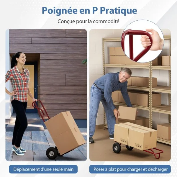 Diable Pliable avec Roues de 25 cm Poignée en P Rond Zone de Chargement Pliable Capacité 300 kg Chariot de Transport 54 cm x 48 cm x 132 cm Rouge
