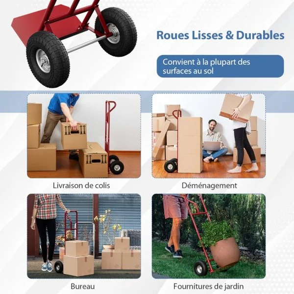Diable Pliable avec Roues de 25 cm Poignée en P Rond Zone de Chargement Pliable Capacité 300 kg Chariot de Transport 54 cm x 48 cm x 132 cm Rouge