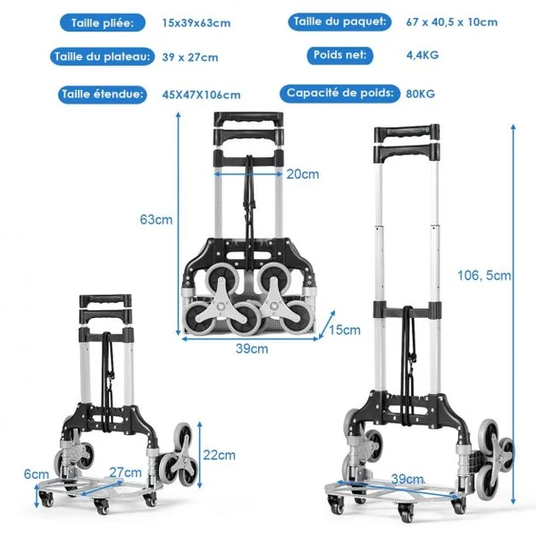 Diable Pliable en Aluminium Chariot de Transport Bande Elastique Réglable 3 Positions Poignée Télescopique Capacité 80kg