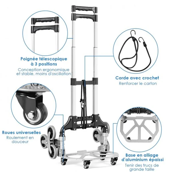 Diable Pliable en Aluminium Chariot de Transport Bande Elastique Réglable 3 Positions Poignée Télescopique Capacité 80kg