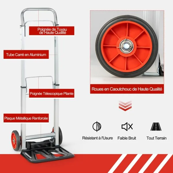 Diable Pliant en Aluminium Charge 100 KG Diable de Manutention Déménagement Léger & Compact avec 2 Roues pour Maison Entrepôt Shopping