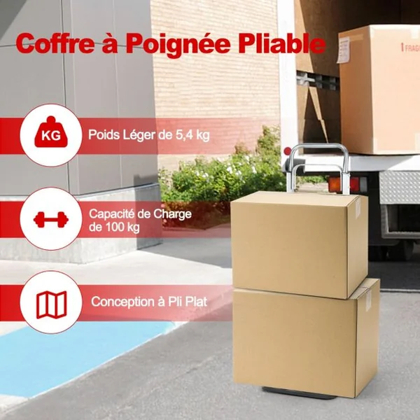 Diable Pliant en Aluminium Charge 100 KG Diable de Manutention Déménagement Léger & Compact avec 2 Roues pour Maison Entrepôt Shopping