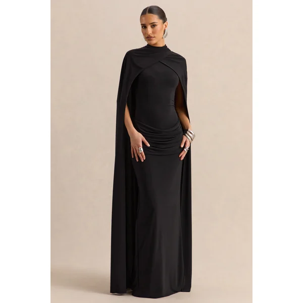 Dianelle | Robe longue noire à encolure haute avec manches cape