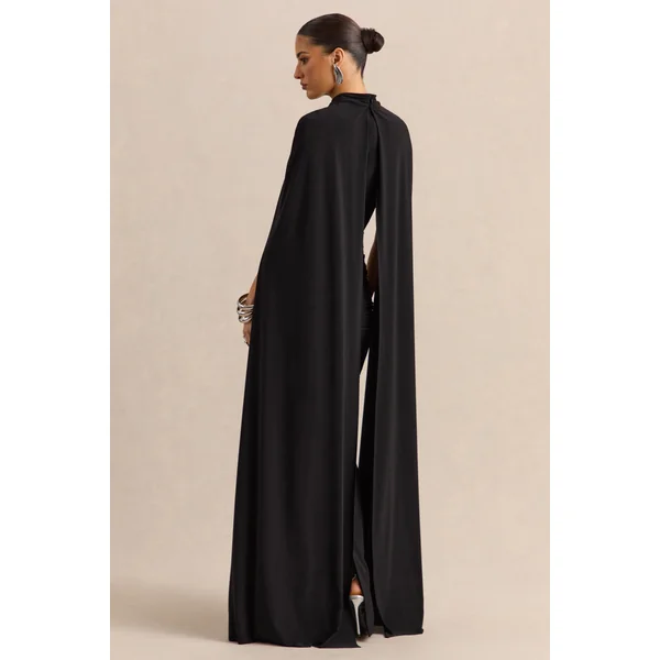 Dianelle | Robe longue noire à encolure haute avec manches cape