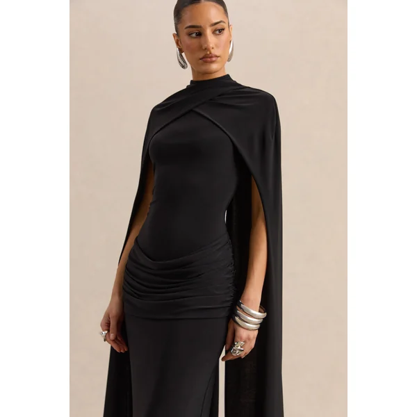 Dianelle | Robe longue noire à encolure haute avec manches cape