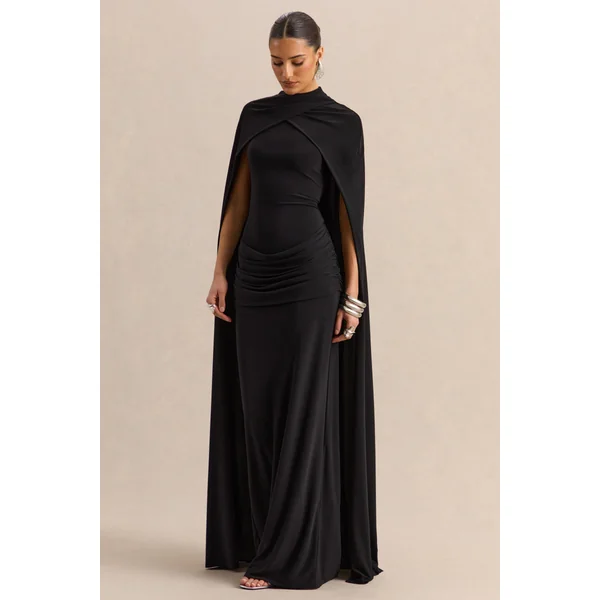 Dianelle | Robe longue noire à encolure haute avec manches cape