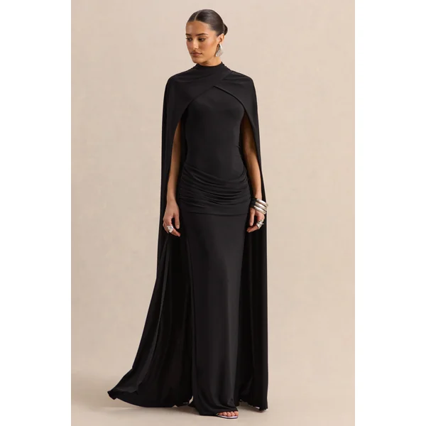 Dianelle | Robe longue noire à encolure haute avec manches cape