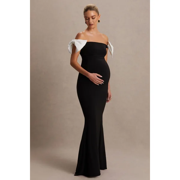 Didi | Robe longue de maternité noire et blanche à décolleté Bardot avec détail nœud