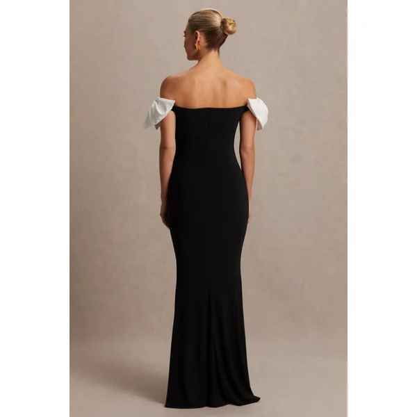 Didi | Robe longue de maternité noire et blanche à décolleté Bardot avec détail nœud