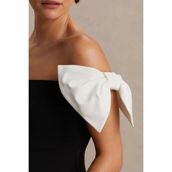 Didi | Robe longue de maternité noire et blanche à décolleté Bardot avec détail nœud