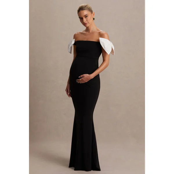Didi | Robe longue de maternité noire et blanche à décolleté Bardot avec détail nœud