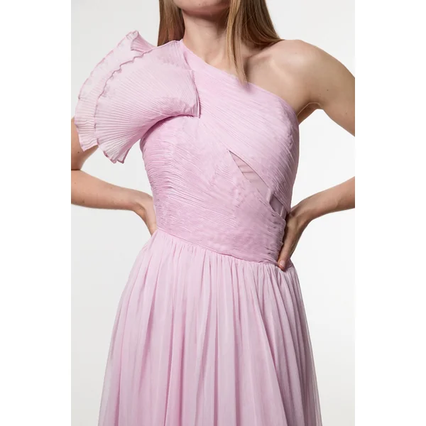 Digital Ophelia Crinkle Georgette Fine Pleated One Shoulder Woven Maxi Dress