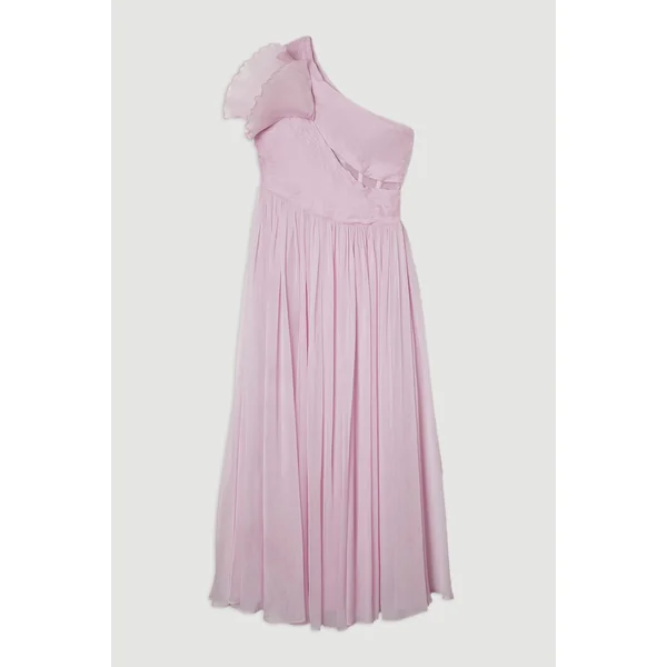 Digital Ophelia Crinkle Georgette Fine Pleated One Shoulder Woven Maxi Dress