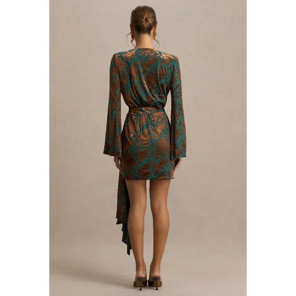 Dimitra | Mini-robe portefeuille en velours dévoré vert foncé et marron à décolleté plongeant