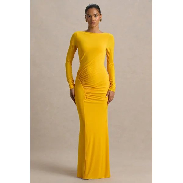 Diva | Robe longue jaune à encolure fendue avec détails froncés
