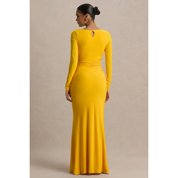Diva | Robe longue jaune à encolure fendue avec détails froncés
