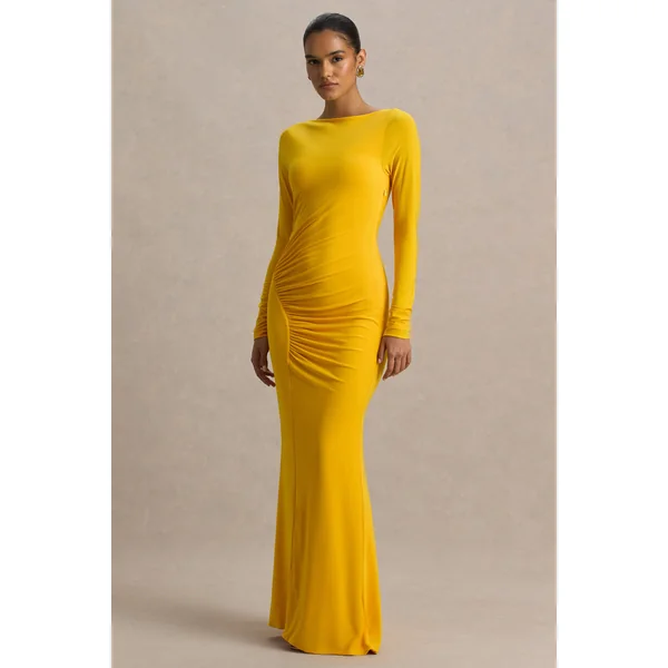 Diva | Robe longue jaune à encolure fendue avec détails froncés