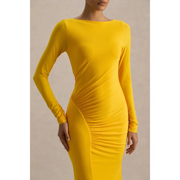 Diva | Robe longue jaune à encolure fendue avec détails froncés