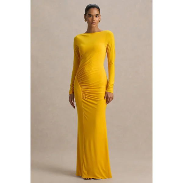 Diva | Robe longue jaune à encolure fendue avec détails froncés