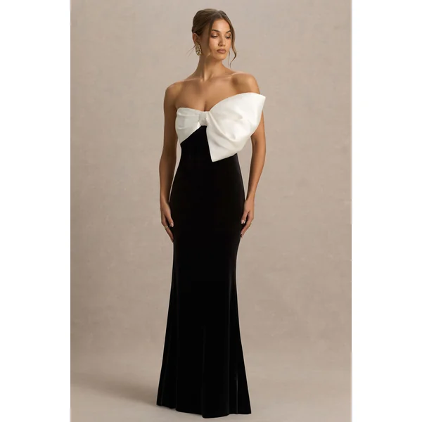Divulge | Robe longue noire et blanche en velours à encolure asymétrique avec détail nœud