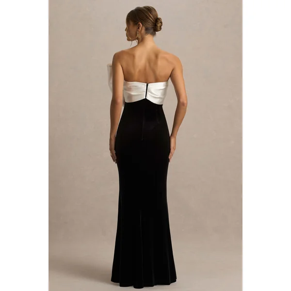 Divulge | Robe longue noire et blanche en velours à encolure asymétrique avec détail nœud
