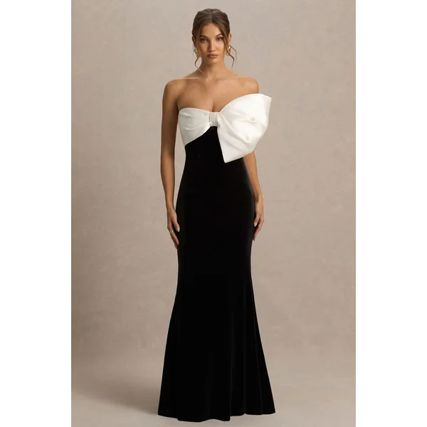 Divulge | Robe longue noire et blanche en velours à encolure asymétrique avec détail nœud