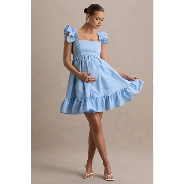 Dolly Daze | Mini-robe de maternité à manches volantées bleu poudre