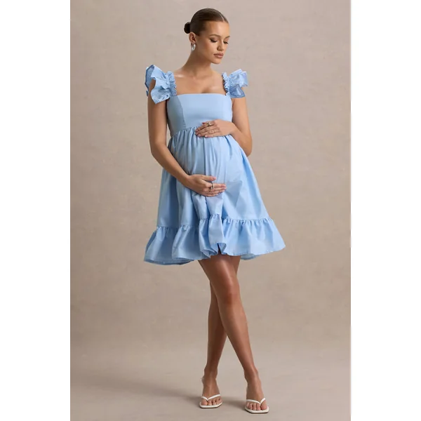 Dolly Daze | Mini-robe de maternité à manches volantées bleu poudre