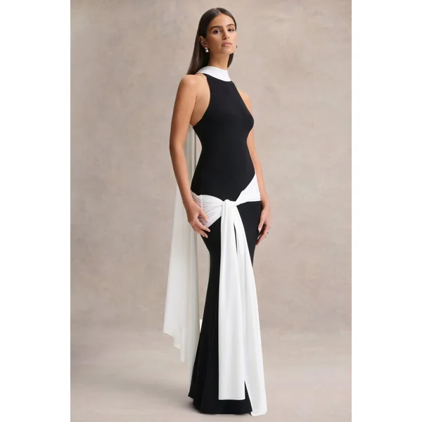 Dorinda | Robe longue noir et blanc à col montant avec drapé et détail écharpe