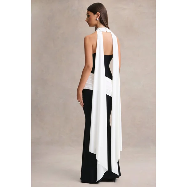 Dorinda | Robe longue noir et blanc à col montant avec drapé et détail écharpe