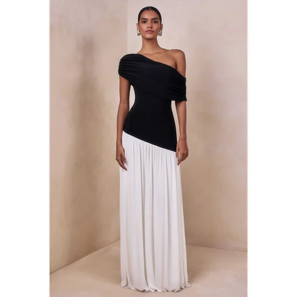 Doroyta | Robe longue à encolure asymétrique noir et blanc
