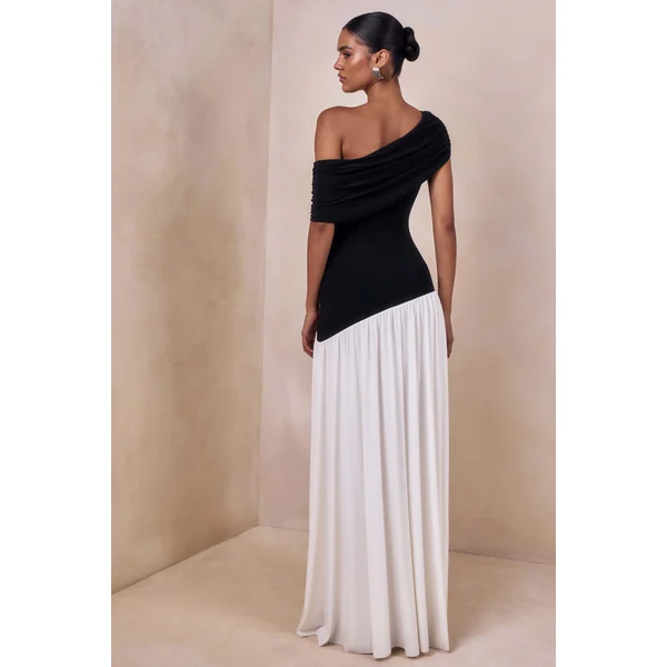 Doroyta | Robe longue à encolure asymétrique noir et blanc