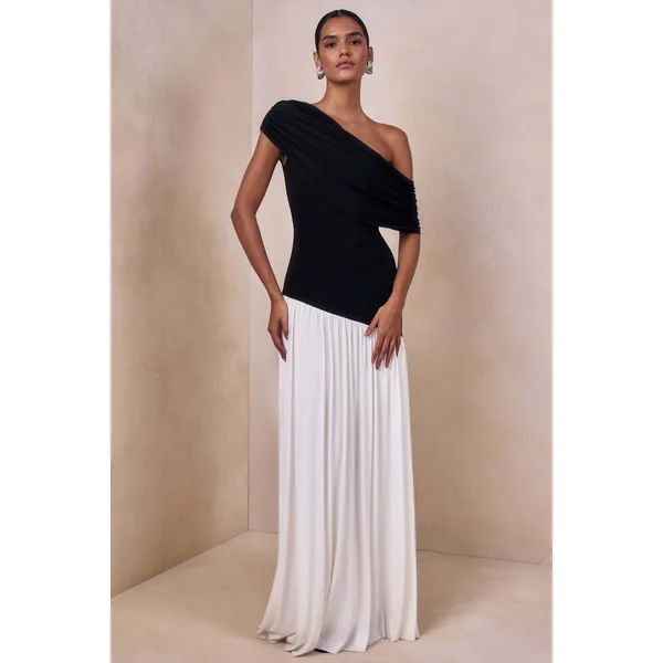 Doroyta | Robe longue à encolure asymétrique noir et blanc
