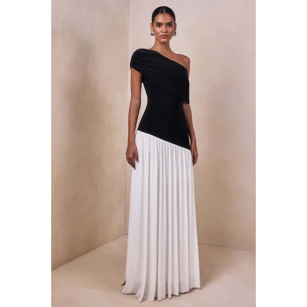 Doroyta | Robe longue à encolure asymétrique noir et blanc