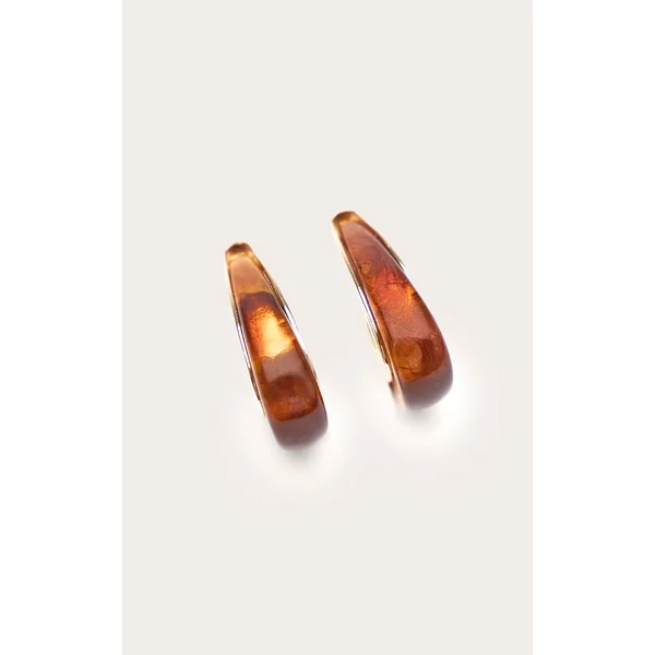 Doré Boucles D'oreilles Créoles Allongées En Résine Fumée À Dos Lisse
