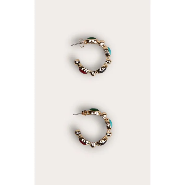 Doré Boucles D'oreilles Créoles À Pierres Multicolores