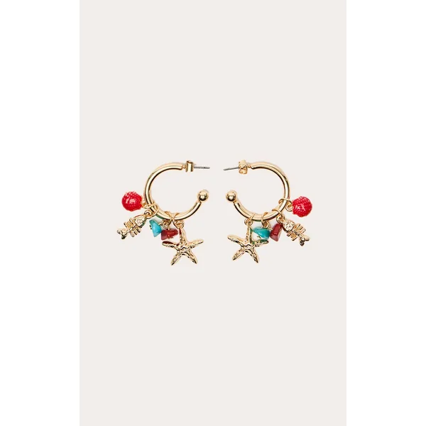 Doré Boucles D'oreilles Créoles À Étoile De Mer Perlée
