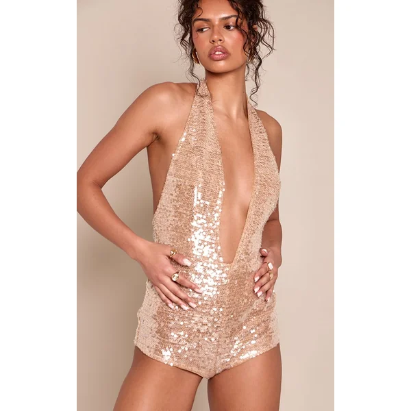 Doré Combinaison Moulante À Sequins Décolleté Plongeant