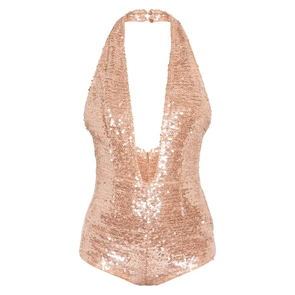 Doré Combinaison Moulante À Sequins Décolleté Plongeant