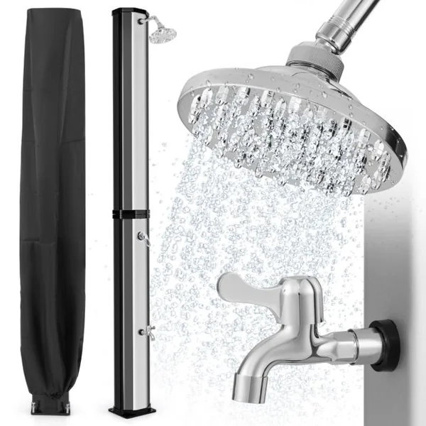 Douche Solaire d’Extérieur 60 L Douche d’Extérieur à Chauffage 227 cm avec Pommeau de Douche Pivotant Robinet Argent