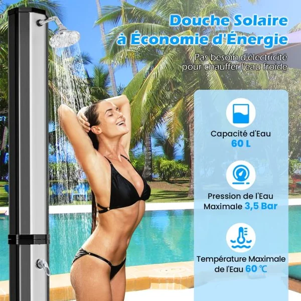 Douche Solaire d’Extérieur 60 L Douche d’Extérieur à Chauffage 227 cm avec Pommeau de Douche Pivotant Robinet Argent