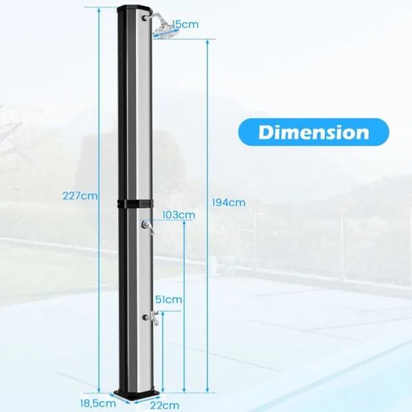 Douche Solaire d’Extérieur 60 L Douche d’Extérieur à Chauffage 227 cm avec Pommeau de Douche Pivotant Robinet Argent