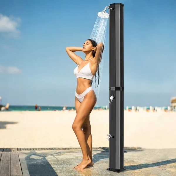 Douche Solaire d’Extérieur 60 L Douche d’Extérieur à Chauffage 227 cm avec Pommeau de Douche Pivotant Robinet Noir