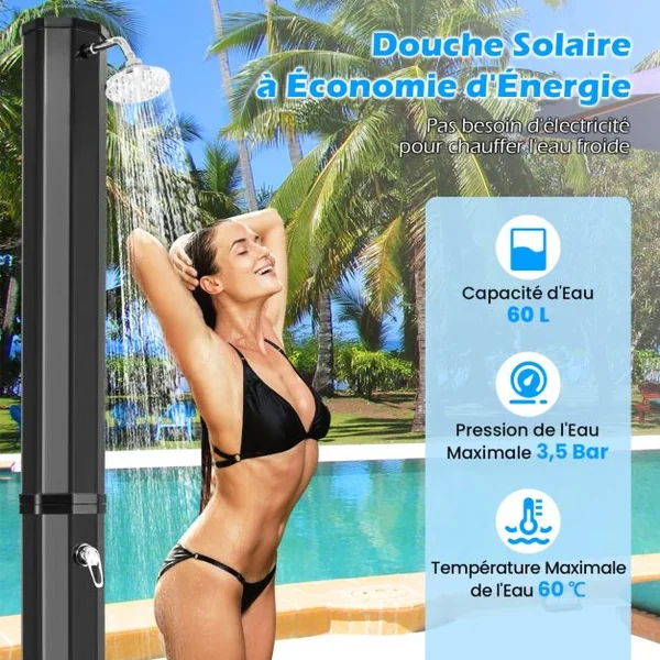 Douche Solaire d’Extérieur 60 L Douche d’Extérieur à Chauffage 227 cm avec Pommeau de Douche Pivotant Robinet Noir