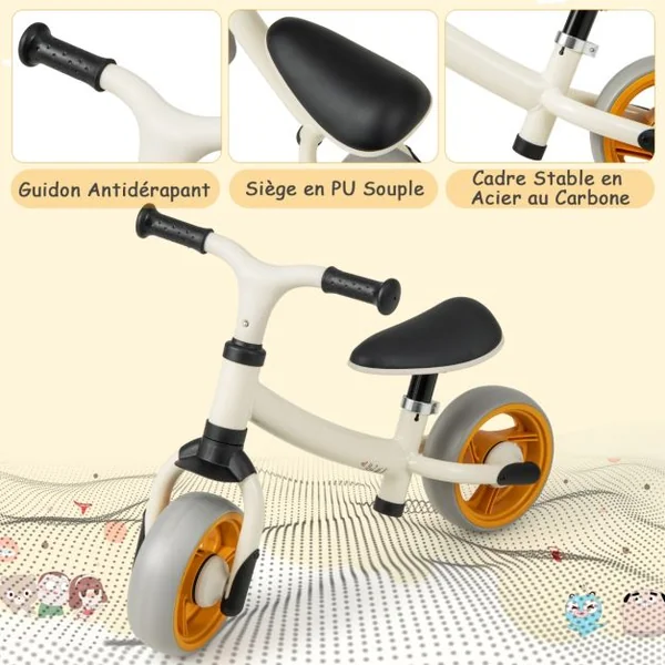 Draisienne Bébé 18-48 Mois - Siège Réglable Guidon Vélo Draisienne sans Pédale pour Enfants Cadre en Acier au Carbone Blanc