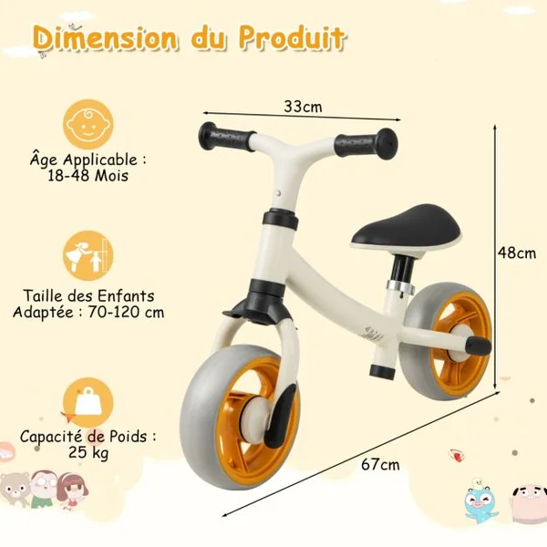 Draisienne Bébé 18-48 Mois - Siège Réglable Guidon Vélo Draisienne sans Pédale pour Enfants Cadre en Acier au Carbone Blanc