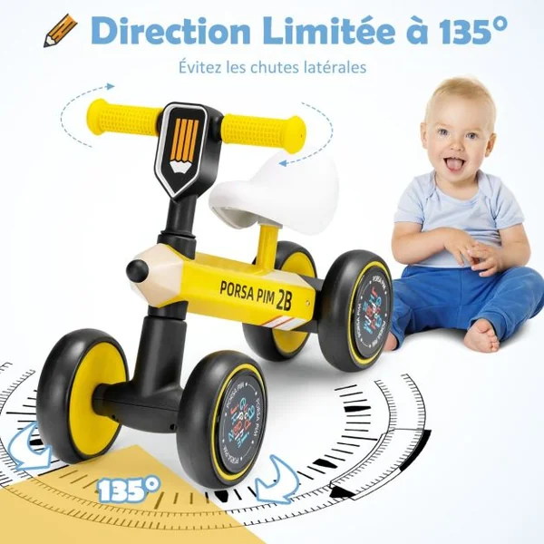 Draisienne Bébé 1 An Vélo Bébé sans Pédales 4 Roues EVA, Direction à 135° Jouet d'Equitation pour Fille Garçon 10-24 Mois