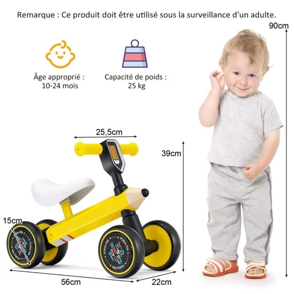Draisienne Bébé 1 An Vélo Bébé sans Pédales 4 Roues EVA, Direction à 135° Jouet d'Equitation pour Fille Garçon 10-24 Mois
