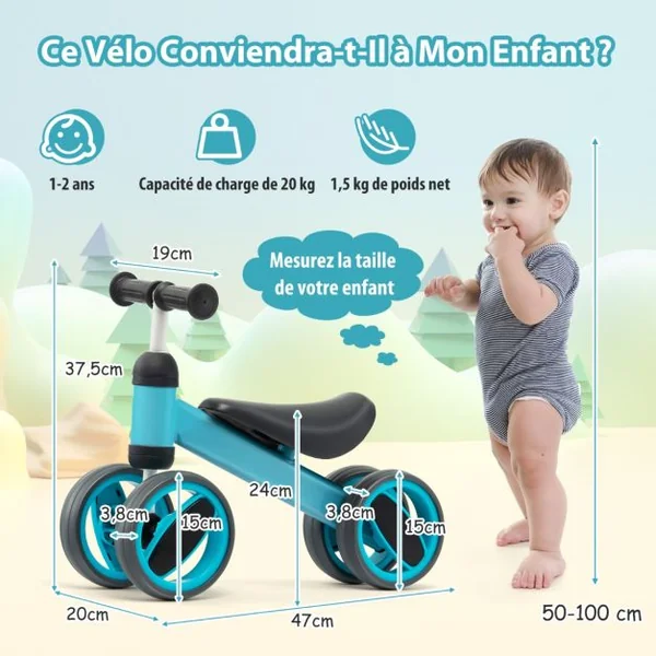 Draisienne Bébé Vélo d'Équilibre sans Pédal - 4 Roues Cadeau de Premier Anniversaire Noel pour Enfant 1 à 2 ans Bleu