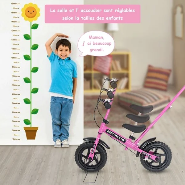 Draisienne Enfant 3-6 ans Vélo d’équilibre sans Pédales Hauteur Réglable Tige et Poignée Parentale, 87x44x58,5cm, Rose